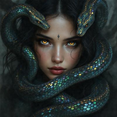 The primary subject of the image is a woman with long, flowing hair and a snake wrapped around her head. The setting appears to be a dark, moody environment, possibly a forest or a cave. The visual style of the image is a combination of photo and digital art, creating a surreal and captivating scene. The colors in the image are predominantly dark, with the snake's scales and the woman's hair being the main sources of color. The overall atmosphere of the image is mysterious and intr